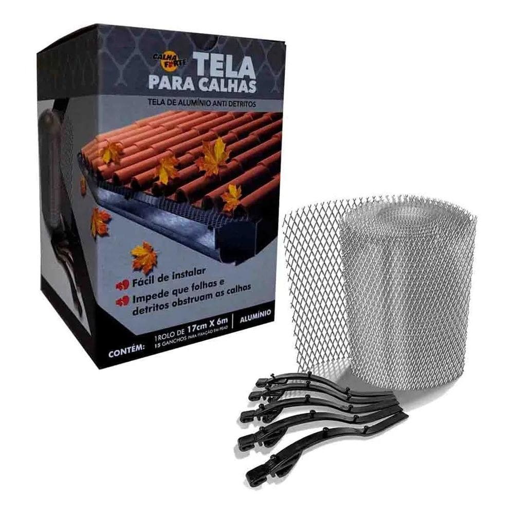 Protetor De Calha Alumínio Kit Tela+Ganchos Calhaforte 16Pç
