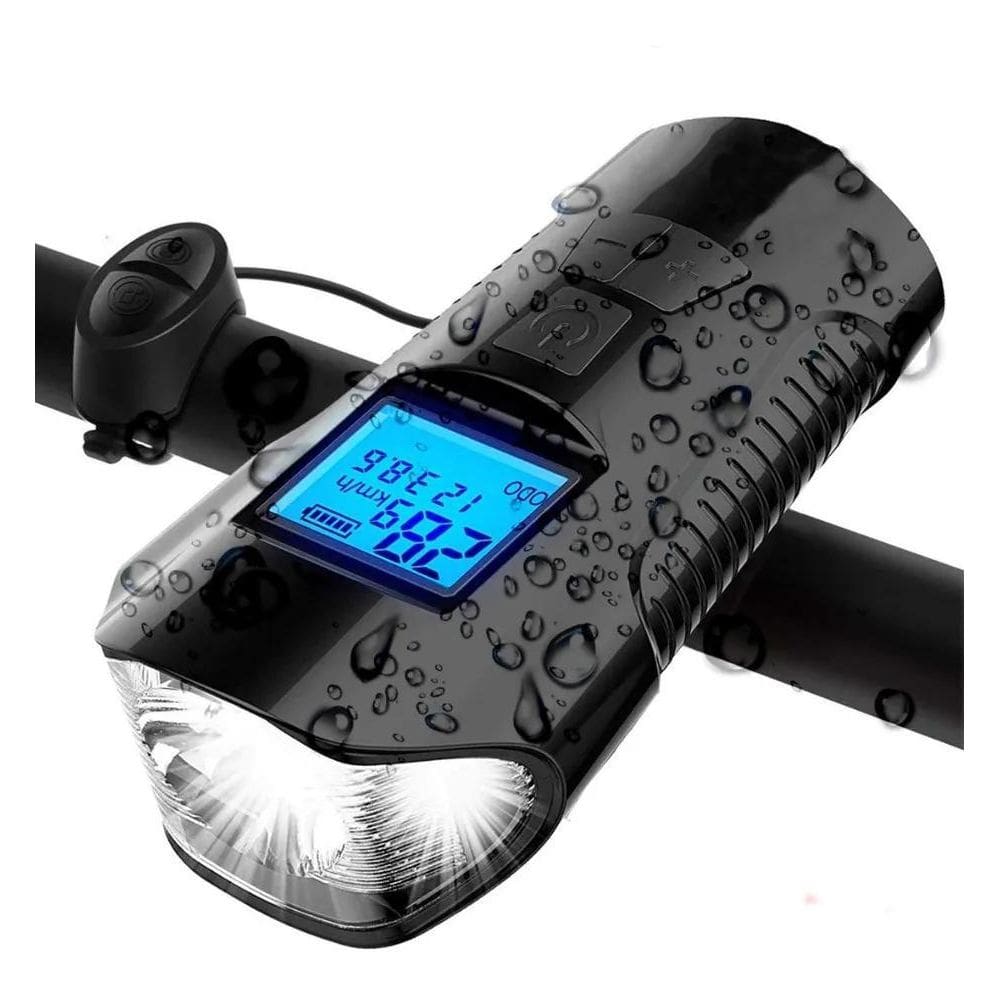 Farol Bicicleta Led Buzina Recarregável Usb Com Velocímetro