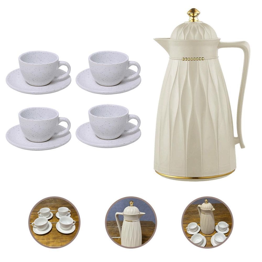 Kit Garrafa Térmica Luxo 1L 4 Xícaras Pires Cerâmica 210Ml