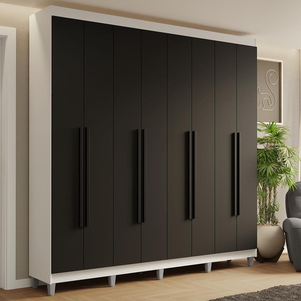 Guarda-Roupa Casal com Pés 8 Portas Batentes Branco/Preto/Branco Saturno Madesa