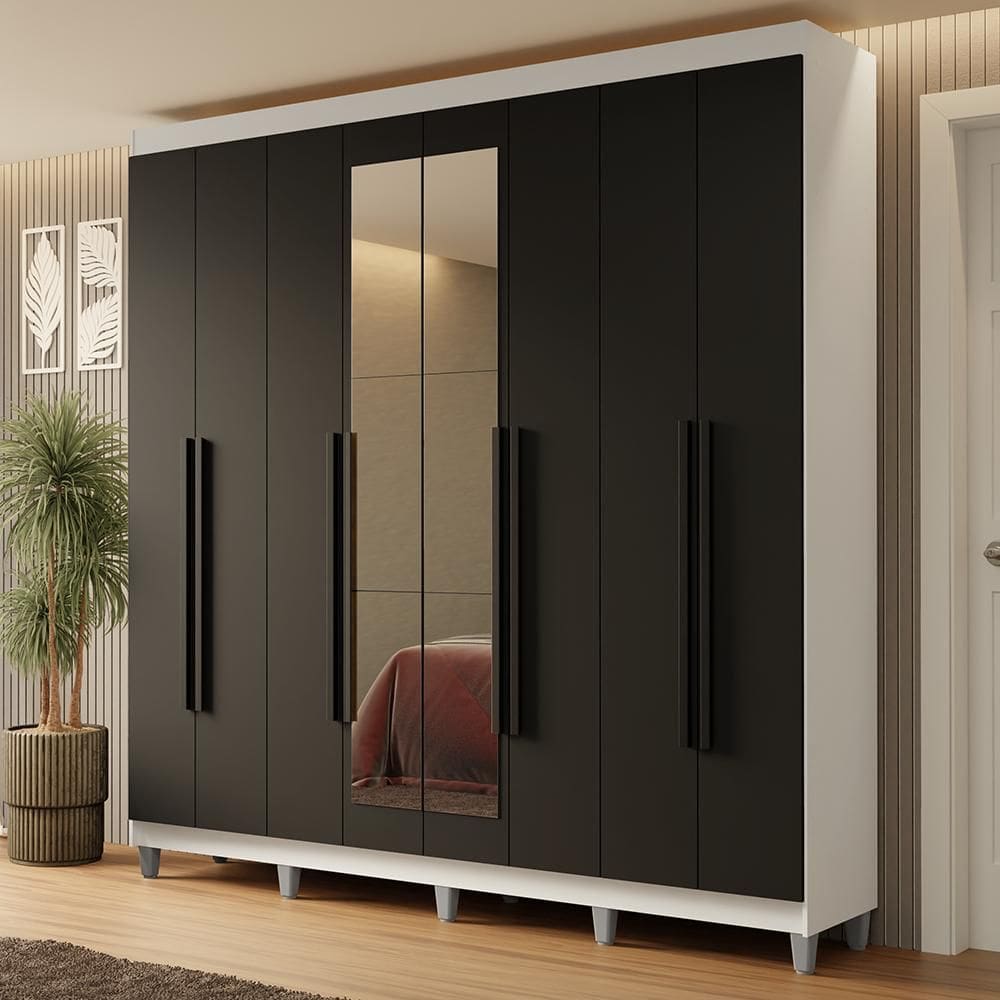 Guarda-Roupa Casal com Pés 8 Portas Batentes com Espelho Branco/Preto/Preto Netuno Madesa