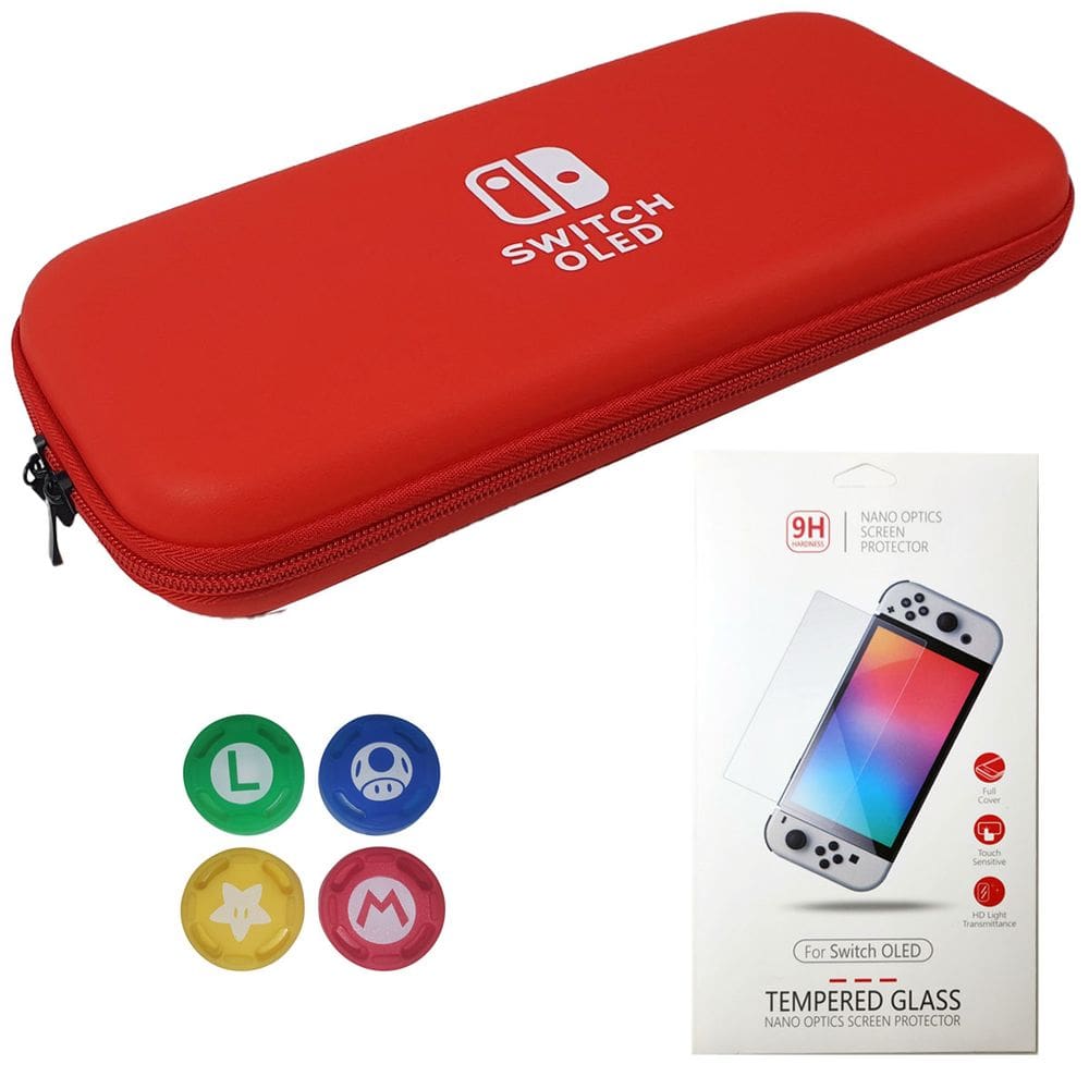 Case Nintendo Switch Oled Vermelho+ 4 Grips + Película Vidro