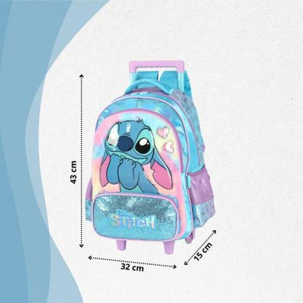 Mochila Escolar Infantil de Rodinhas Stitch Azul 43cm - luxcel