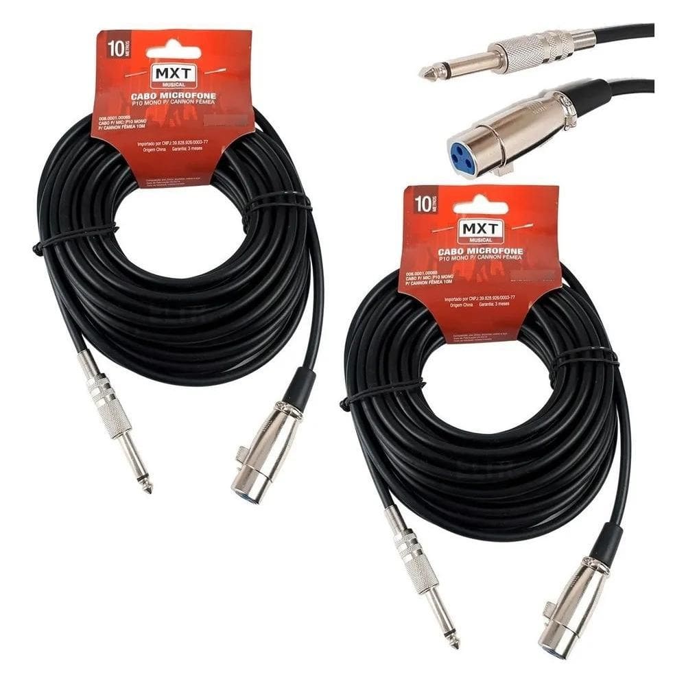 3X Kit 2 Cabo De Microfone P10 Mono Para Cannon Xlr Fêmea 10