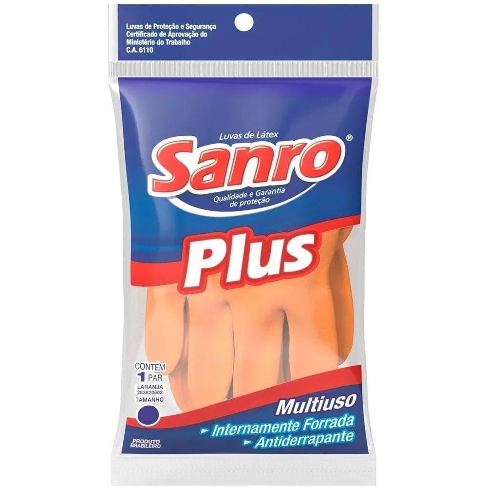 5X Luva Latex Forrada Sanro Plus Laranja Multiuso ,Tamanho