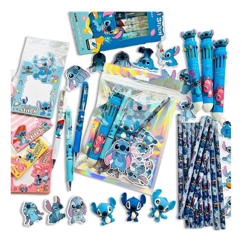 Kit Papelaria Fofa Stitch Completo Canetas Adesivos Borracha