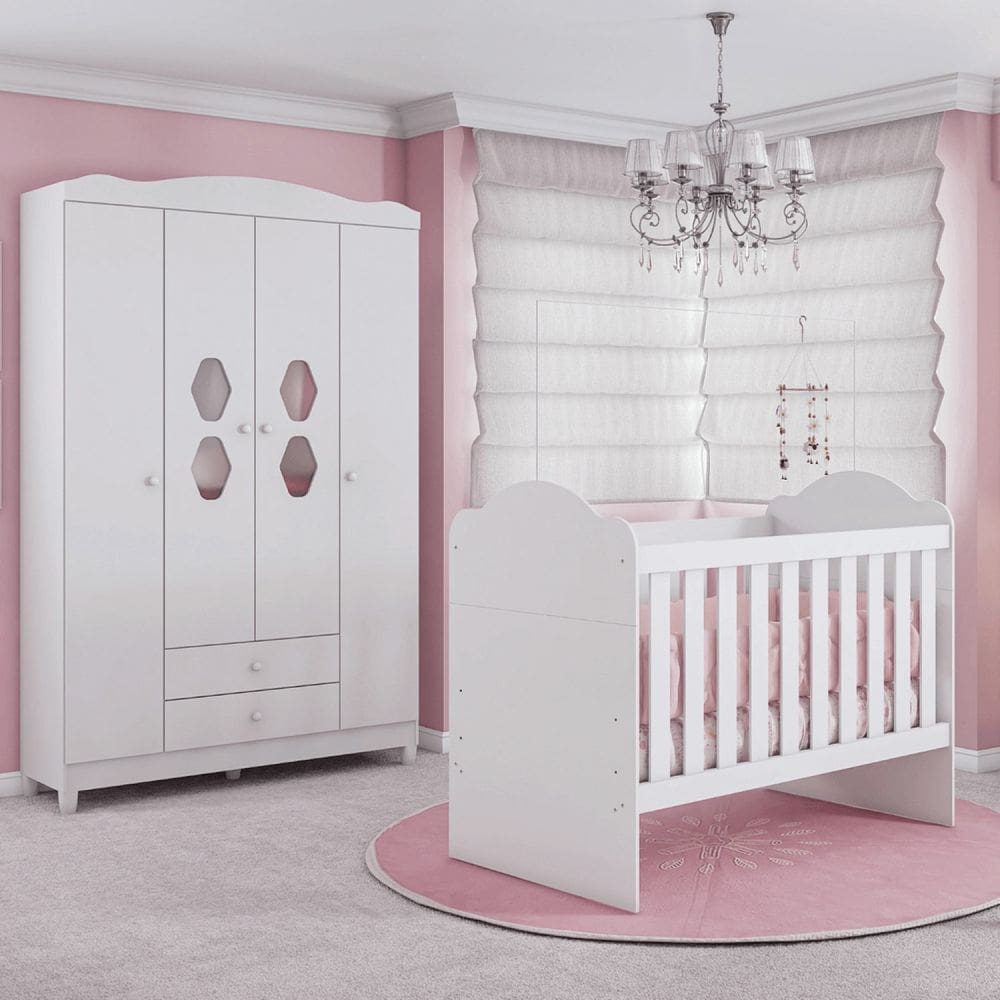 Conjunto Quarto Infantil Berço Yupi e Guarda-roupa 4 Portas Lolly Branco