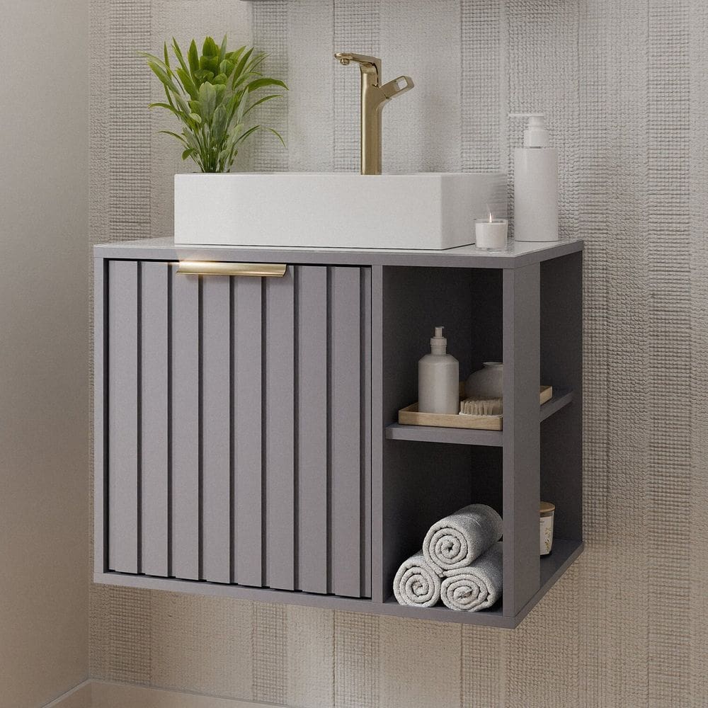 Gabinete para Banheiro 60cm com 1 Porta 2 Nichos e Cuba de Sobrepor Noruega Platina