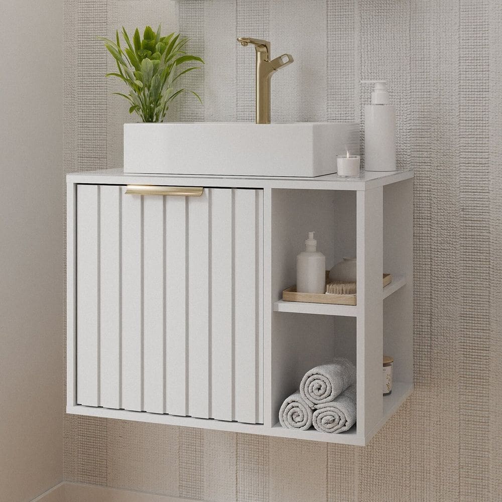 Gabinete para Banheiro 60cm com 1 Porta 2 Nichos e Cuba de Sobrepor Noruega Branco