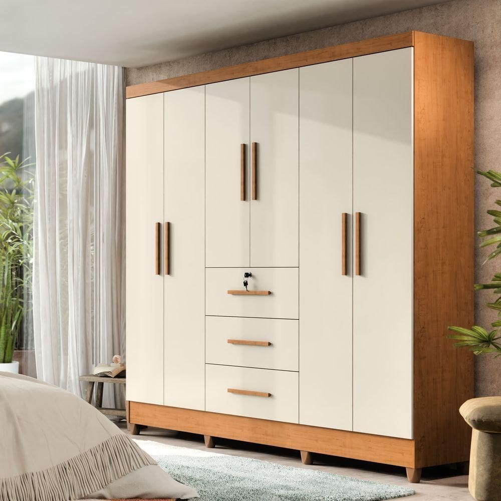 Guarda-roupa Casal 6 Portas 3 Gavetas Com Chave Mumbai Mdp Nature/off White