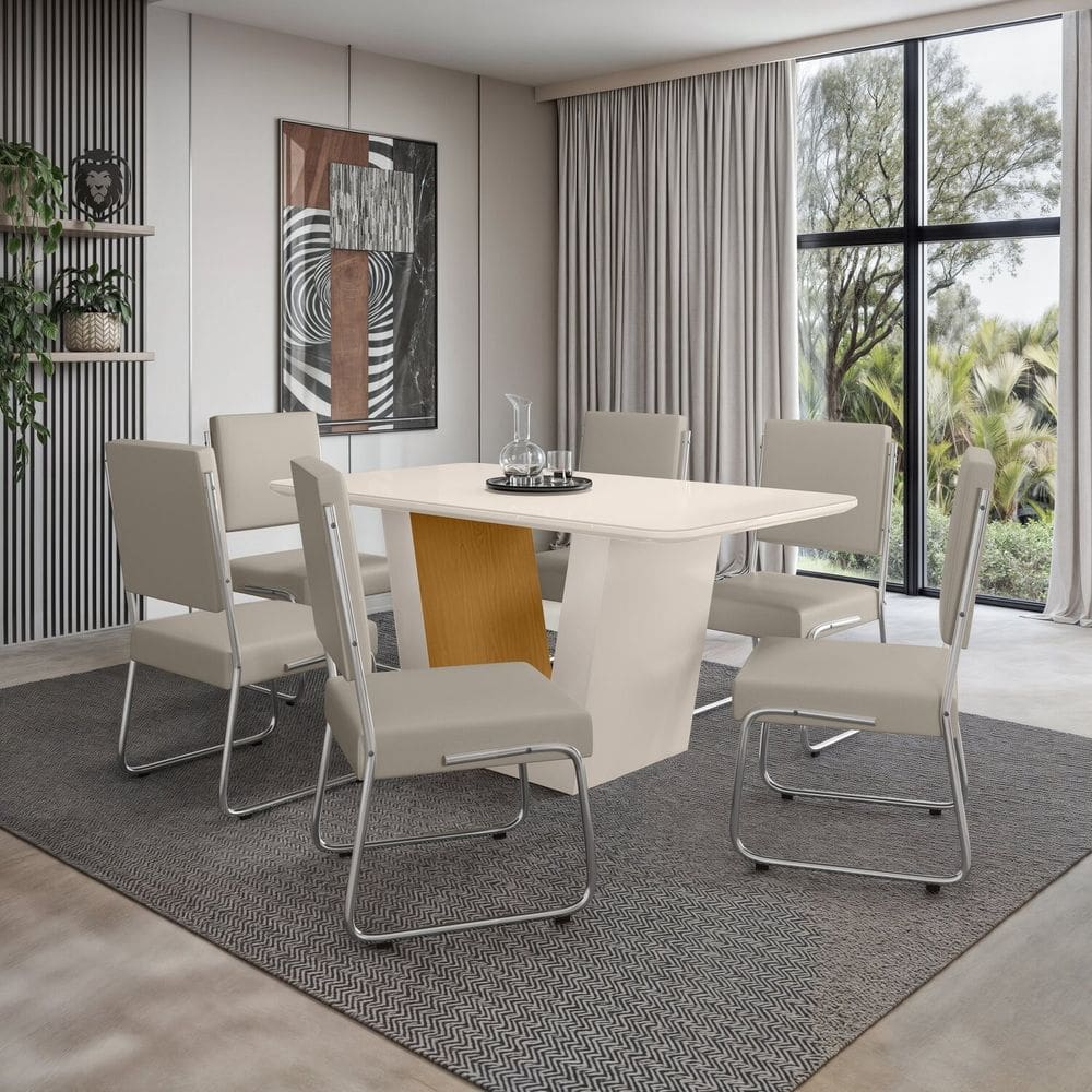 Mesa Viena 160x90cm Tampo Mdf e Vidro com 6 Cadeiras Monaco Off White/Marrom