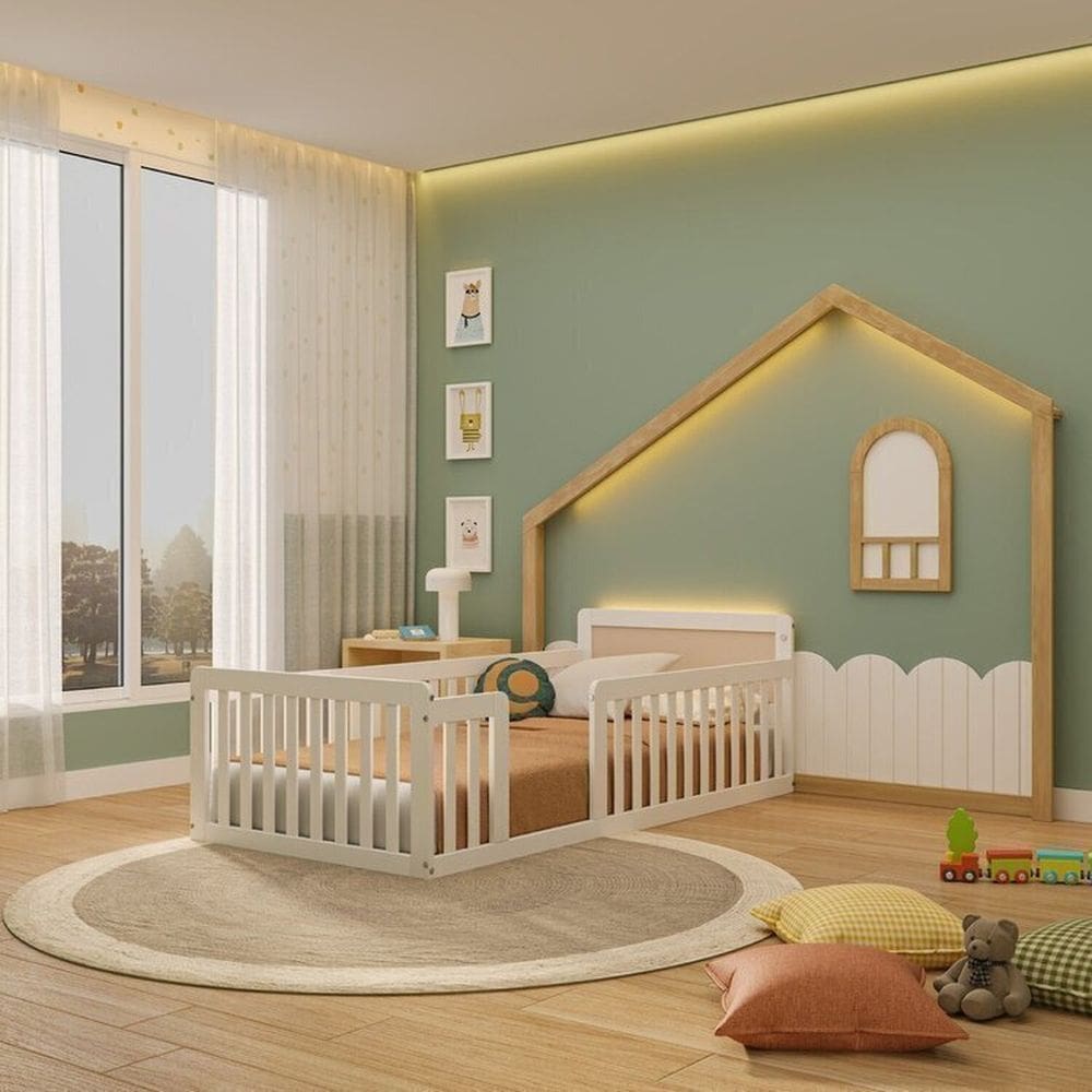Cama Montessoriana Solteiro Giulia Rattan com Moldura LED New Garden Casatema Branco/Natural