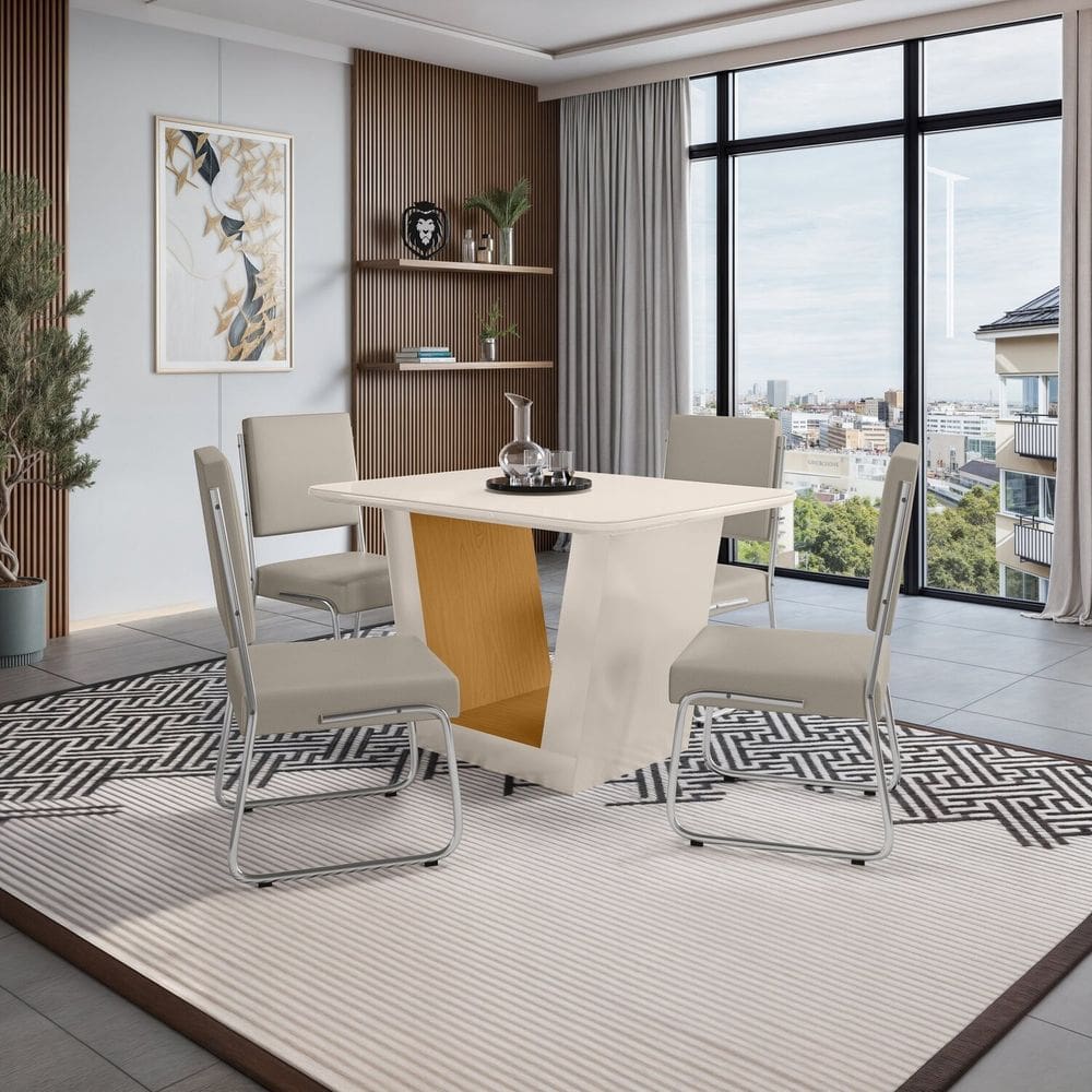 Mesa Viena 120x90cm Tampo de Mdf e Vidro com 4 Cadeiras Monaco Off White/Marrom