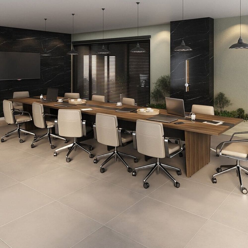 Kit Mesa Reunião Escritório 12 Lugares C/ 4 Módulos P/extensão, Caixa de Tomada, Tampotamburato 50mm Nogal/Preto