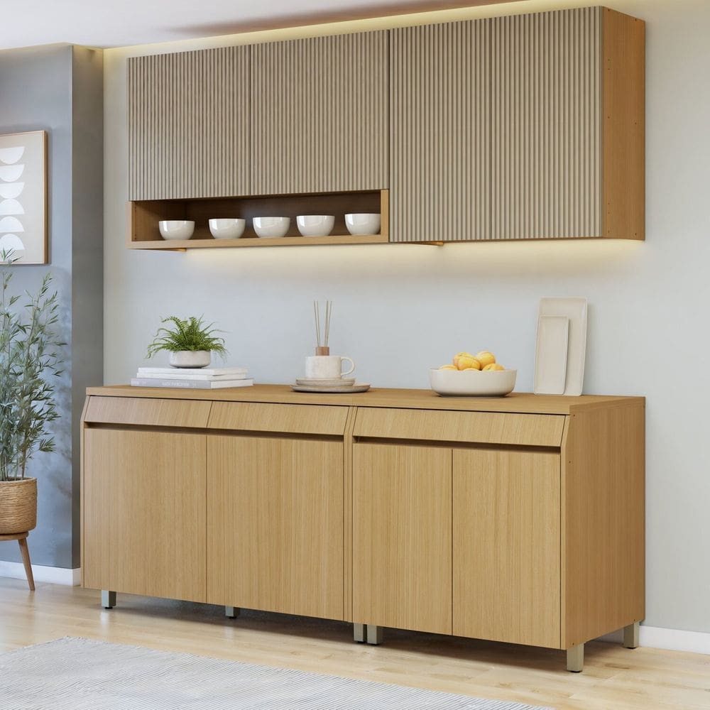 Cozinha Completa Modulada 4 Peças 8 Portas 3 Gavetas 100% Mdf Marrom