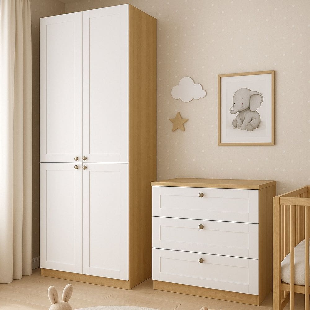 Quarto Infantil com 2 Guarda-Roupa e 1 Cômoda 3 Gavetas Modelo Americano 100% MDF Infinity Savana/Branco