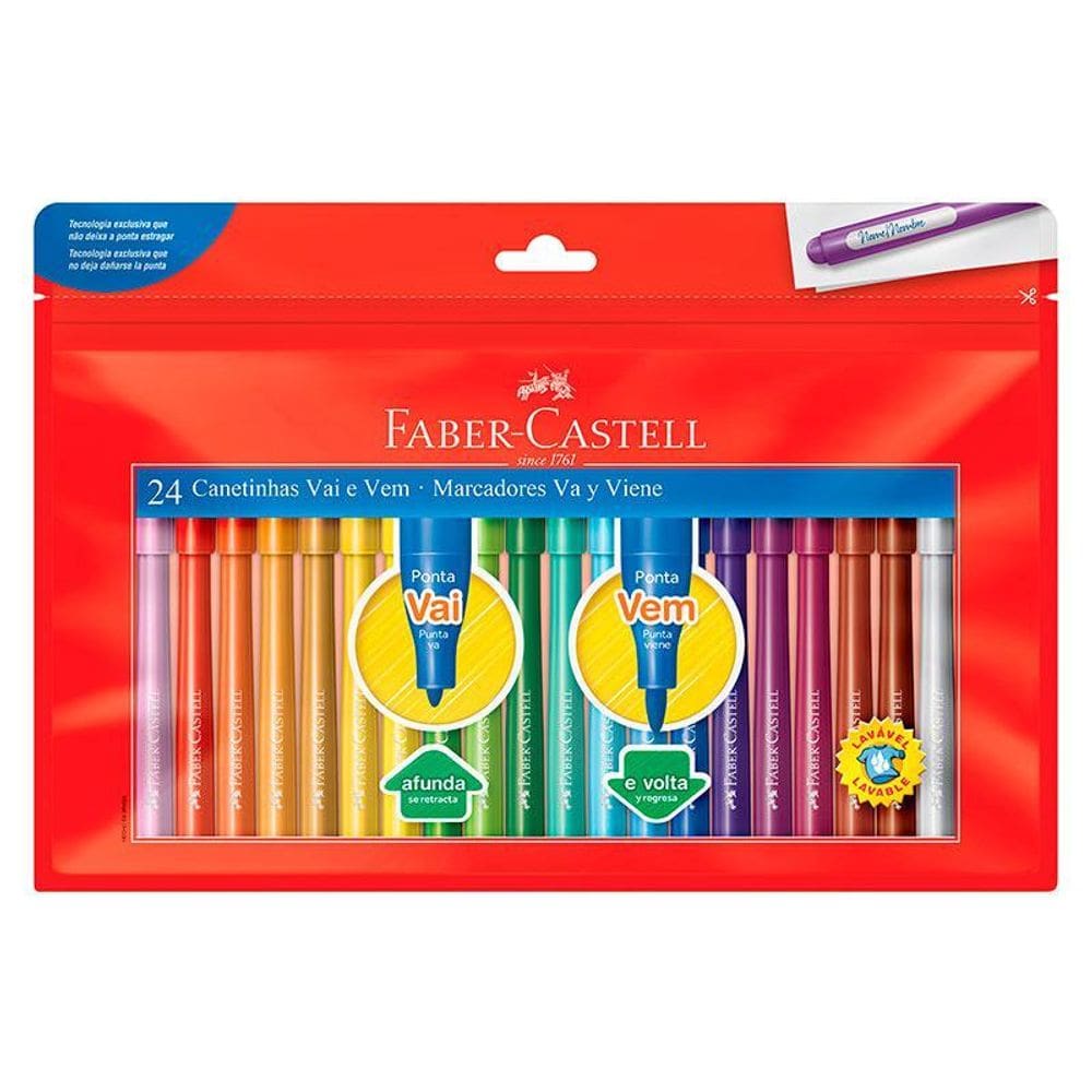Caneta hidrográfica ponta Vai e Vem 150124VVZF com 24 cores Faber Castell