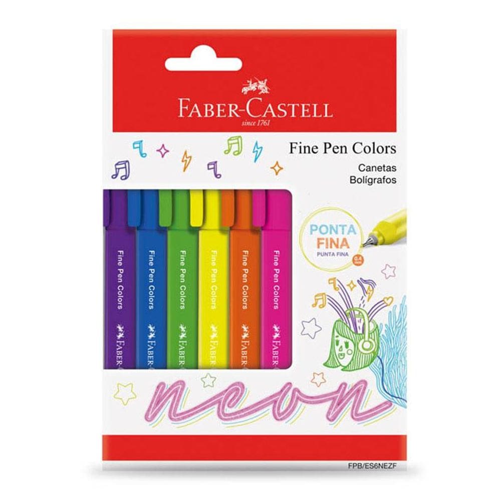 Caneta hidr Fine Pen Neon 0.4mm c/6 unid Faber-Castell