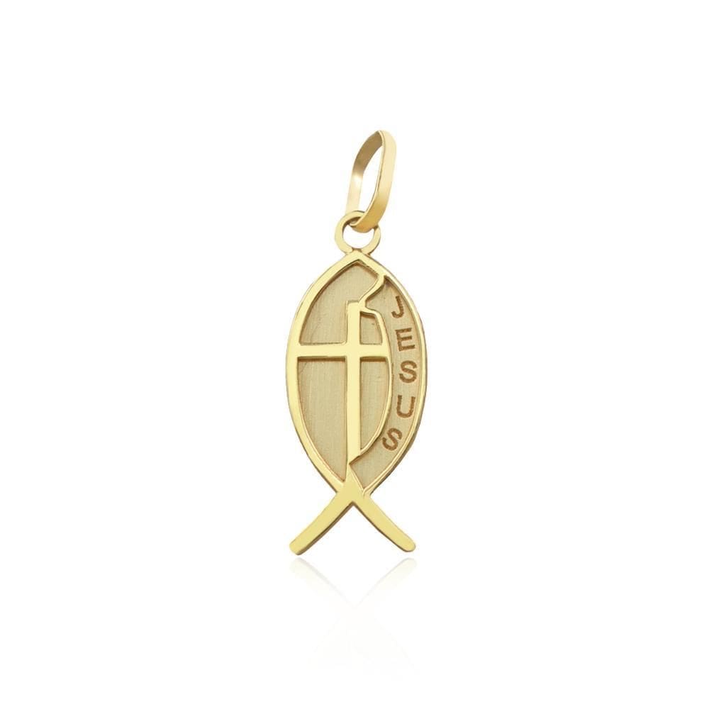 Pingente Peixe Cruz Jesus 2,3 Cm Em Ouro 18K