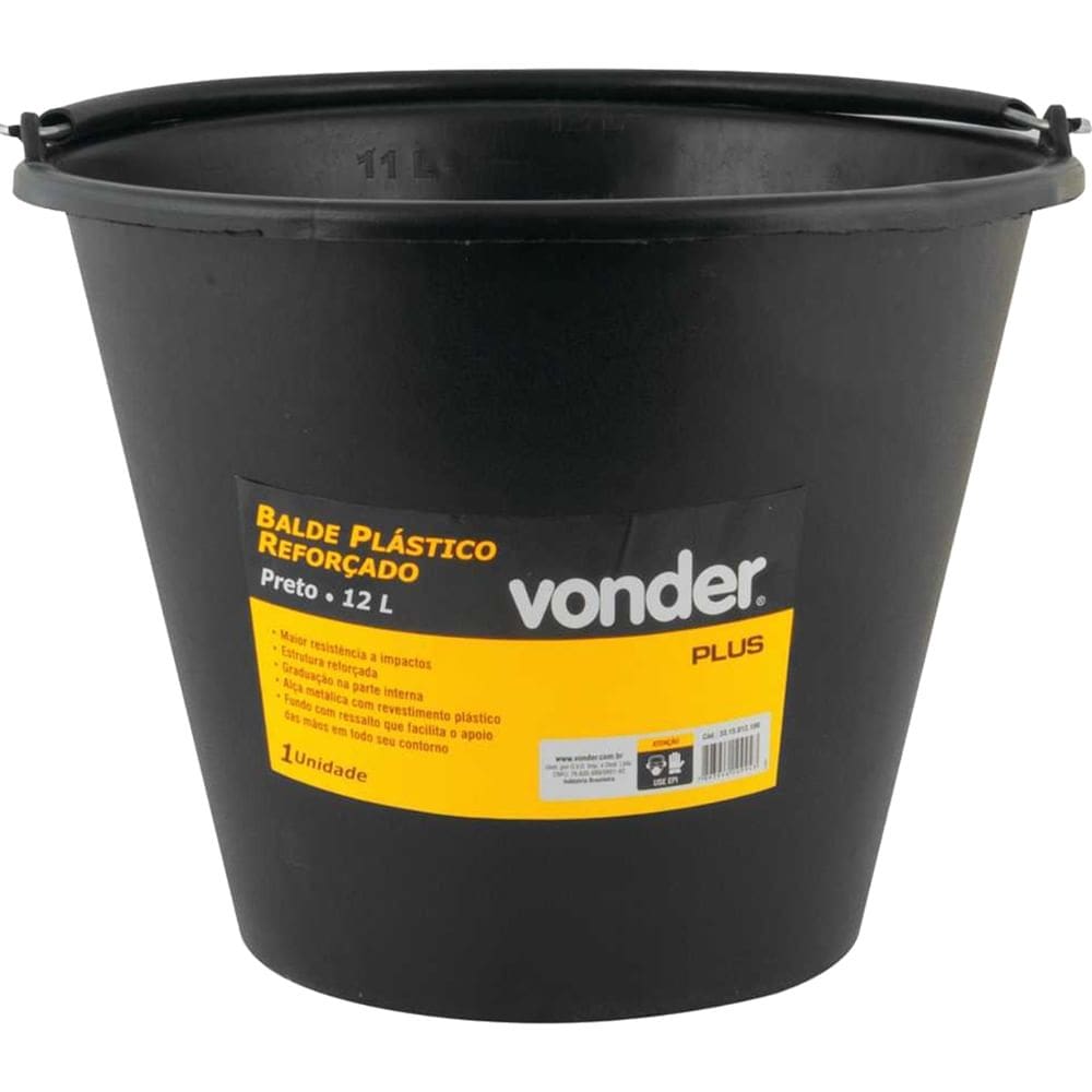 Balde Plástico Reforçado de 12 Litros Plus Preto - 3315012100 - VONDER