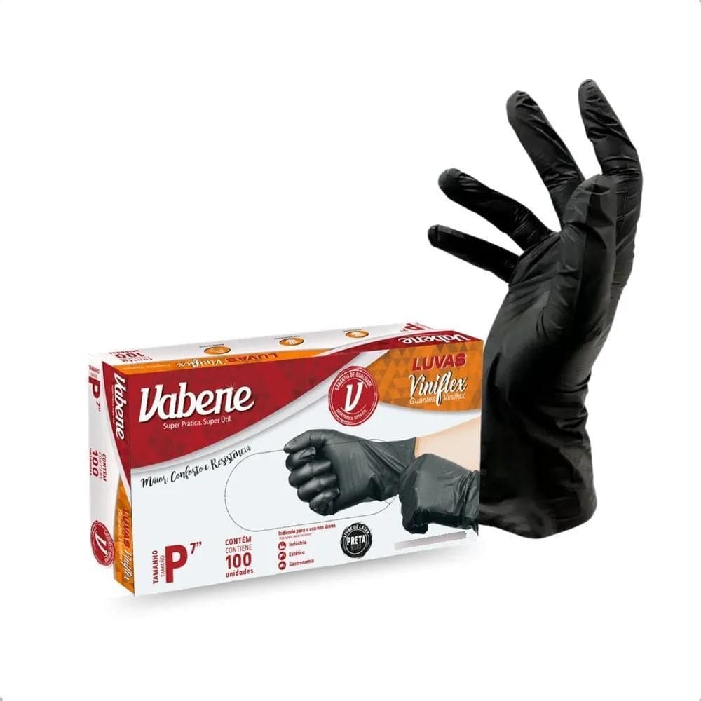 5X Luva Viniflex Preta Descartável Cuidado Limpeza 100Un