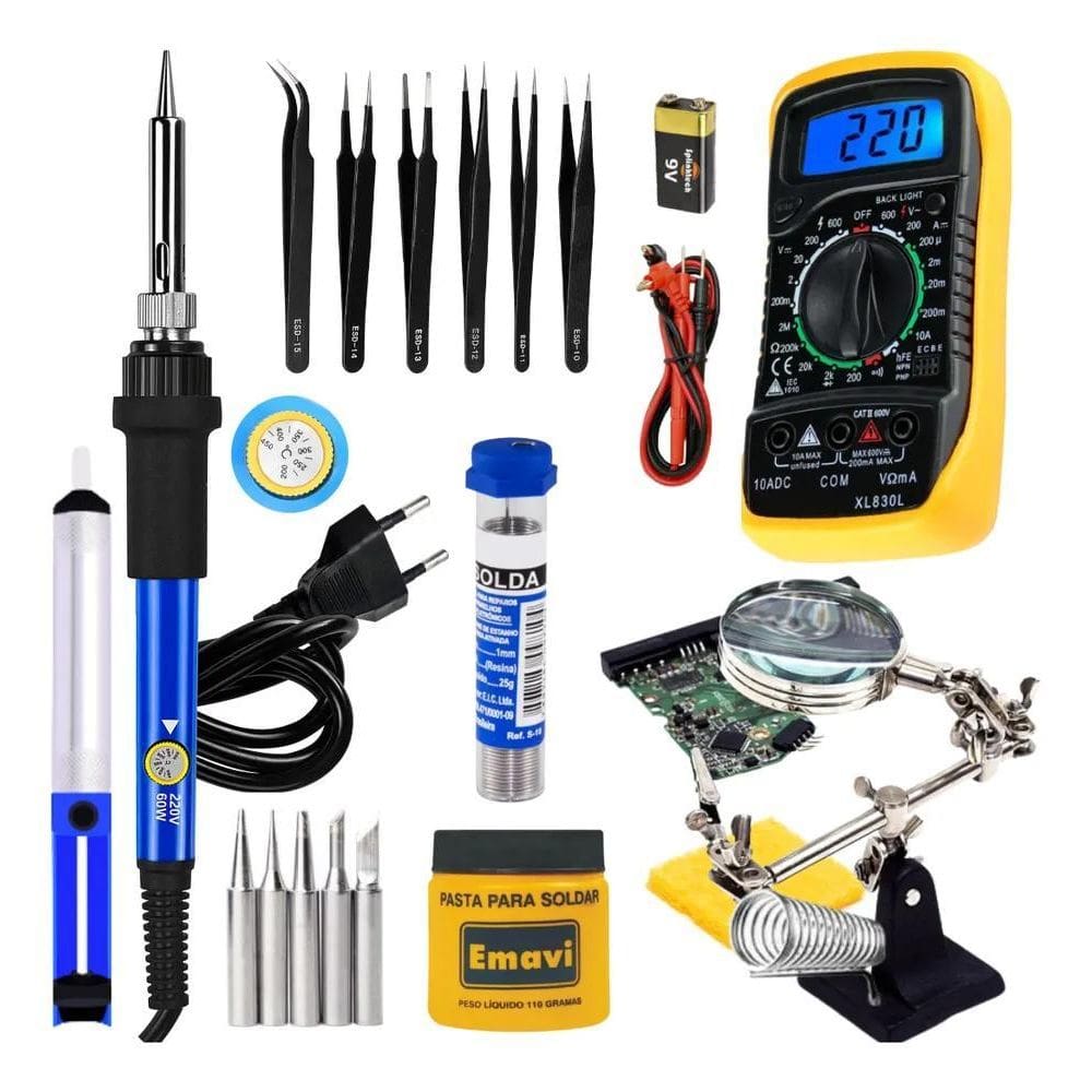 5X Kit Ferro De Solda 60W Ajuste Temperatura Multimetro 17Pc