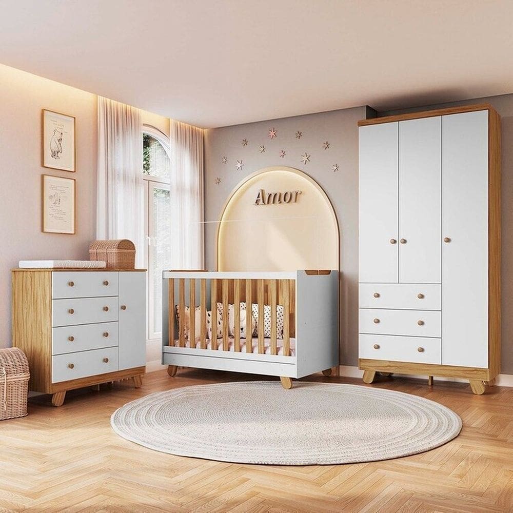 Quarto de Bebê Completo Guarda Roupa 3 Portas, Cômoda e Berço Minicama Levy 100% MDF Espresso Móveis Amêndoa/Branco