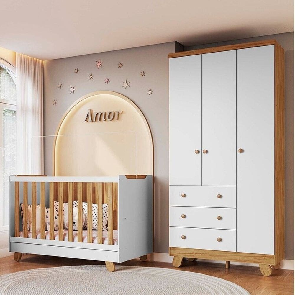 Quarto de Bebê com Guarda Roupa 3 Portas e Berço Minicama Levy 100% MDF Espresso Móveis Amêndoa/Branco