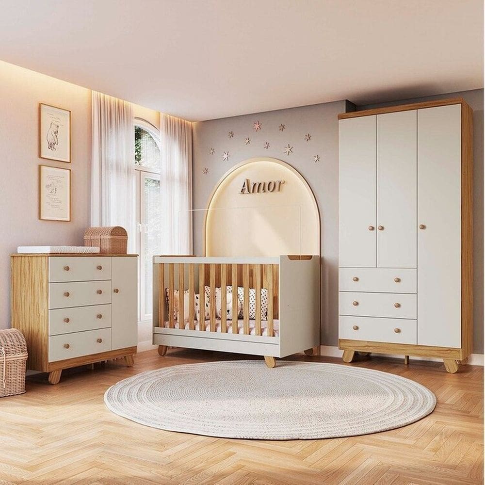 Quarto de Bebê Completo Guarda Roupa 3 Portas, Cômoda e Berço Minicama Levy 100% MDF Espresso Móveis Amêndoa/Off White