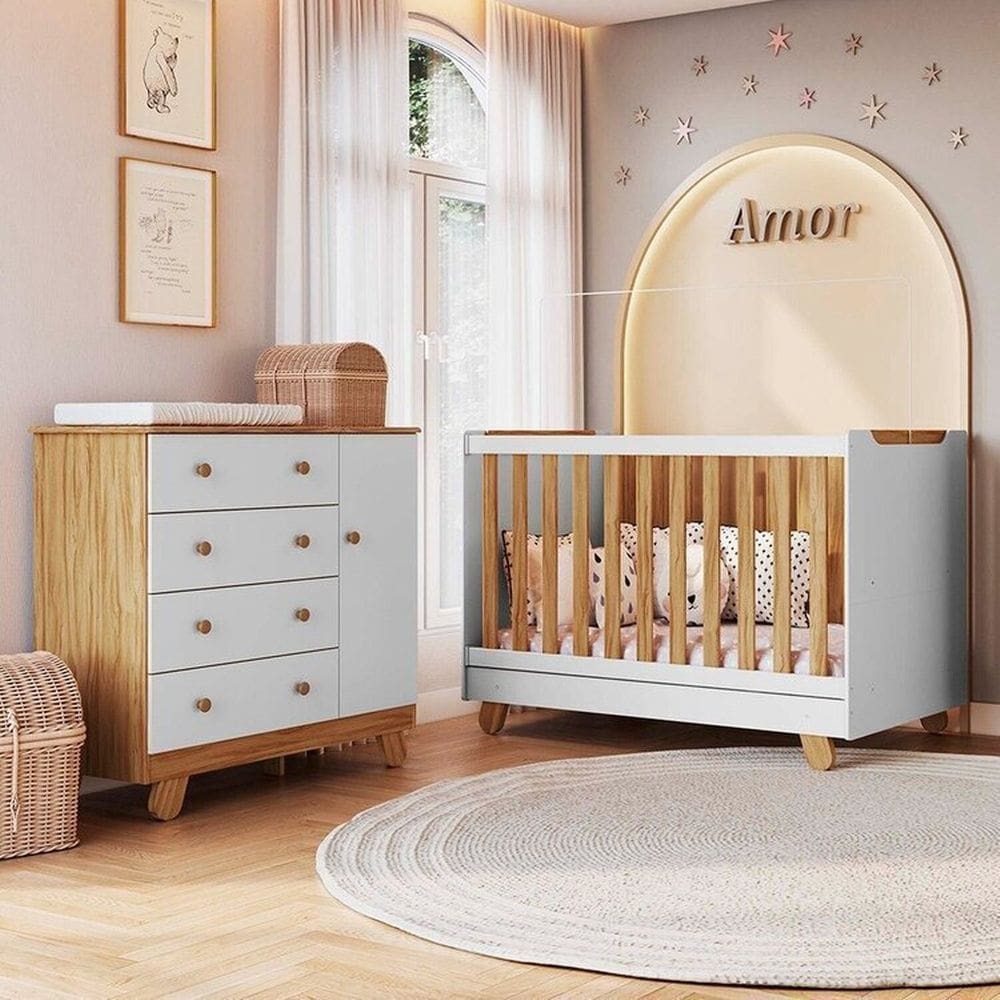 Quarto de Bebê com Cômoda 4 Gavetas e Berço Minicama Levy 100% MDF Espresso Móveis Amêndoa/Branco