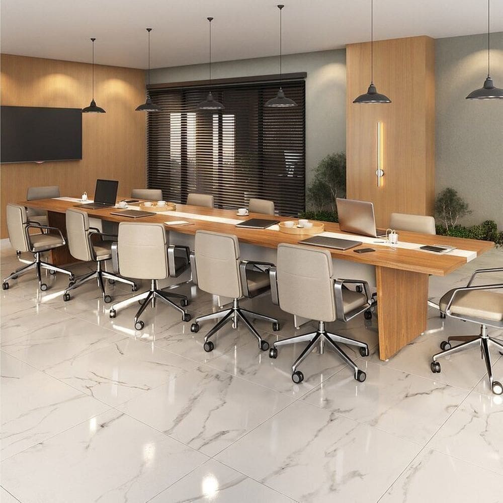 Kit Mesa Reunião Escritório 12 Lugares C/ 4 Módulos P/Extensão, Caixa De Tomada, TampoTamburato 50mm Freijó/Branco