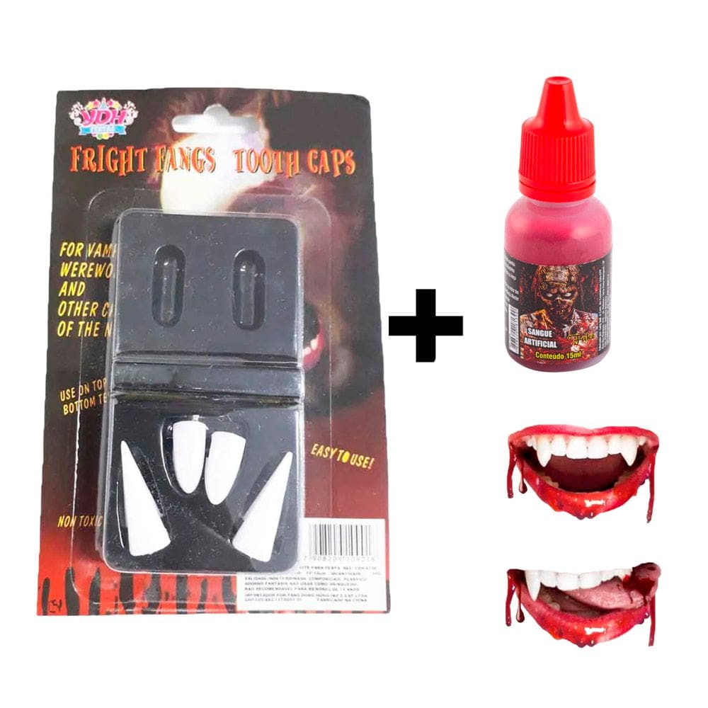 Presas de Vampiro com Sangue Dentes Caninos Falsos Lobisomen Dentadura Postiça para Cosplay Fantasia Halloween