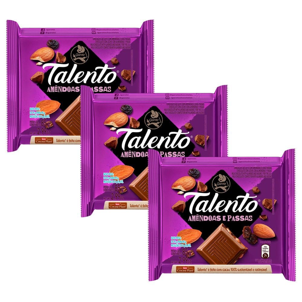 Kit 3 Chocolate Garoto Talento Amêndoas e Passas 85g