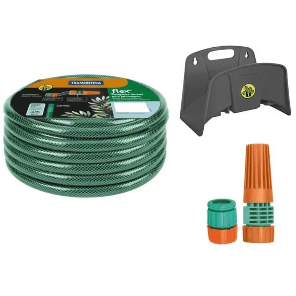 Mangueira de Jardim Flex Verde com Suporte Mural Esguicho e Engate Rosqueado com 25 Metros - 79322250 - TRAMONTINA