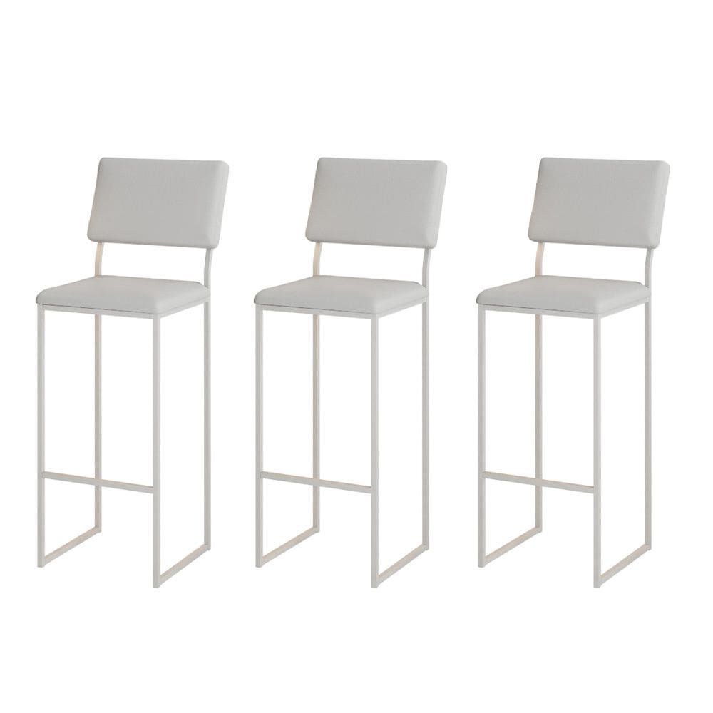 Kit 3 Banquetas com Encosto Industrial e Moderna Nina Branco e Corino Branco