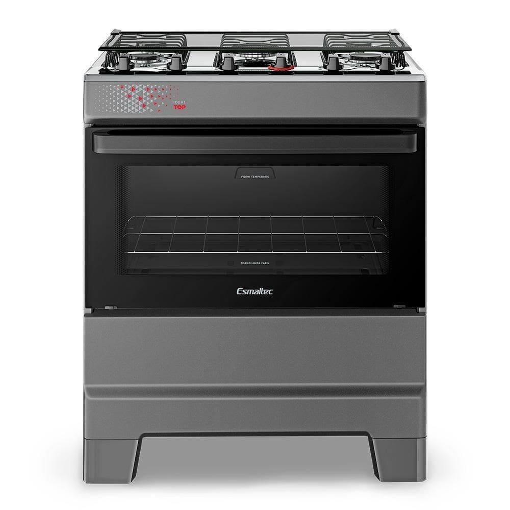 Fogão A Gás Mesa Inox Tampa De Vidro Forno 84L Esmaltec Ideal Top Titanium 5 Bocas Bivolt