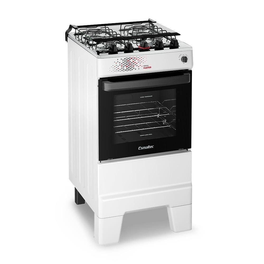 Fogão A Gás Mesa Inox Tampa De Vidro Forno 50L Esmaltec Ideal Master Branco 4 Bocas Bivolt