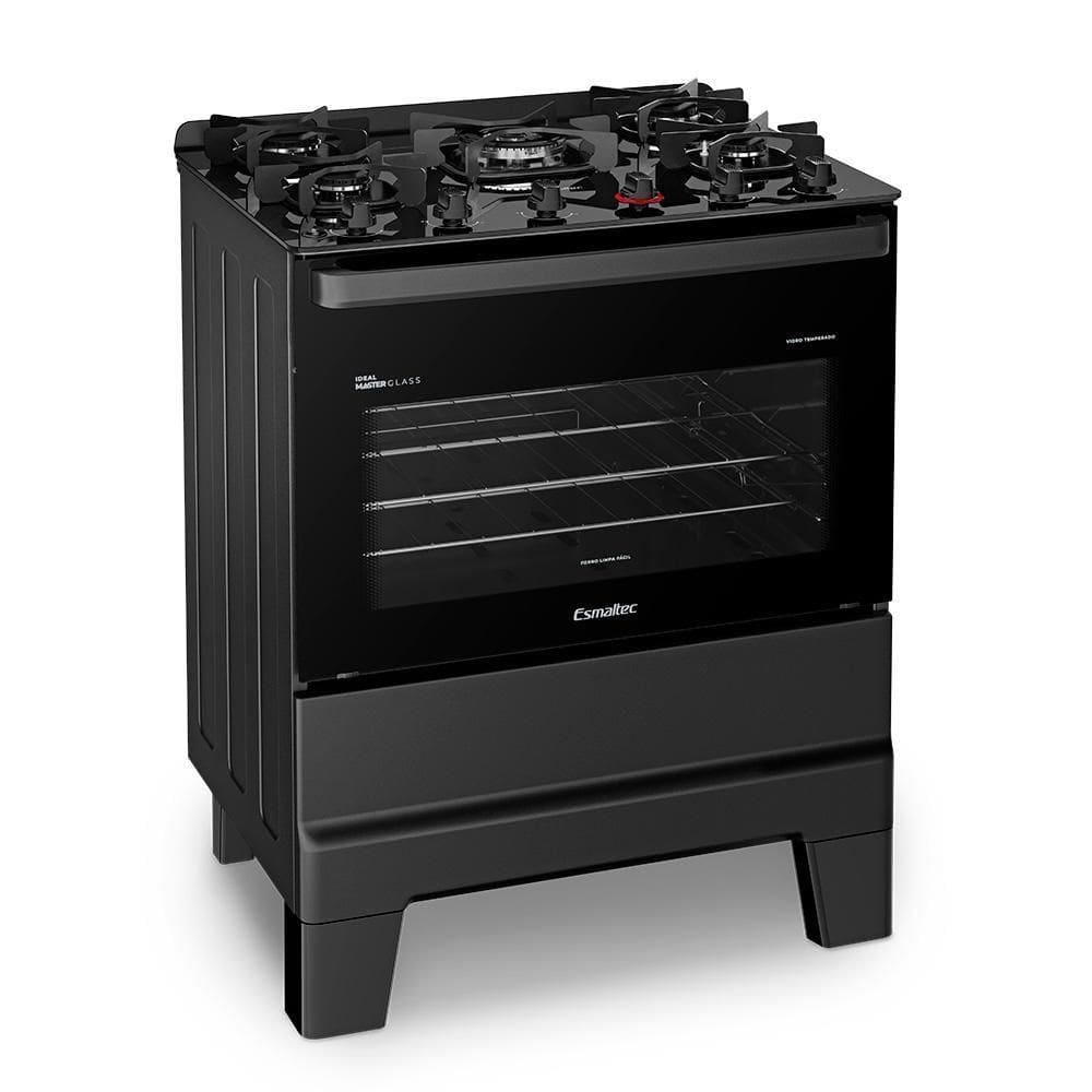 Fogão A Gás Mesa De Vidro Forno 84L Esmaltec Ideal Master Glass Preto 5 Bocas Bivolt