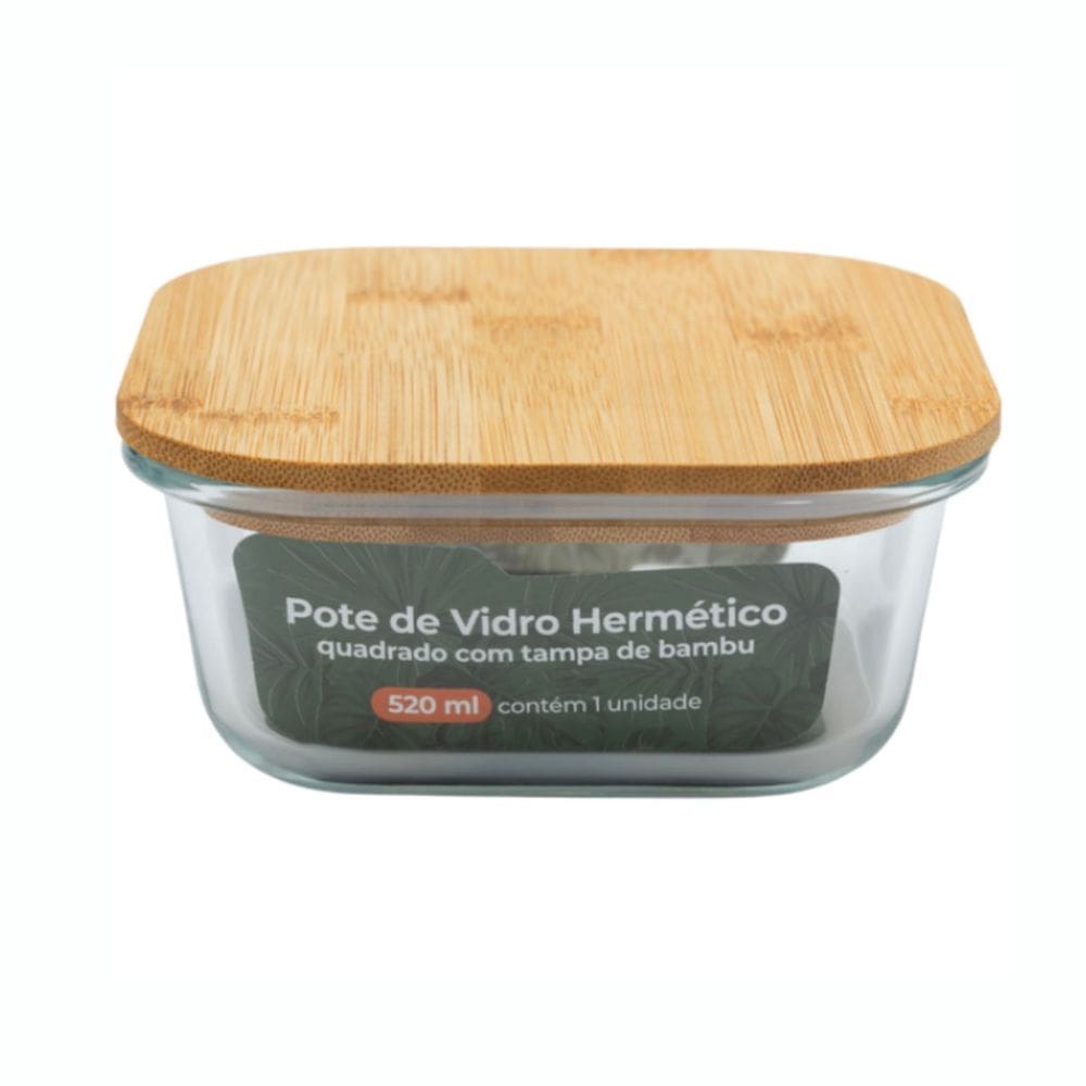 Pote Hermético Quadrado Com Tampa De Bambu 520ml Casavita