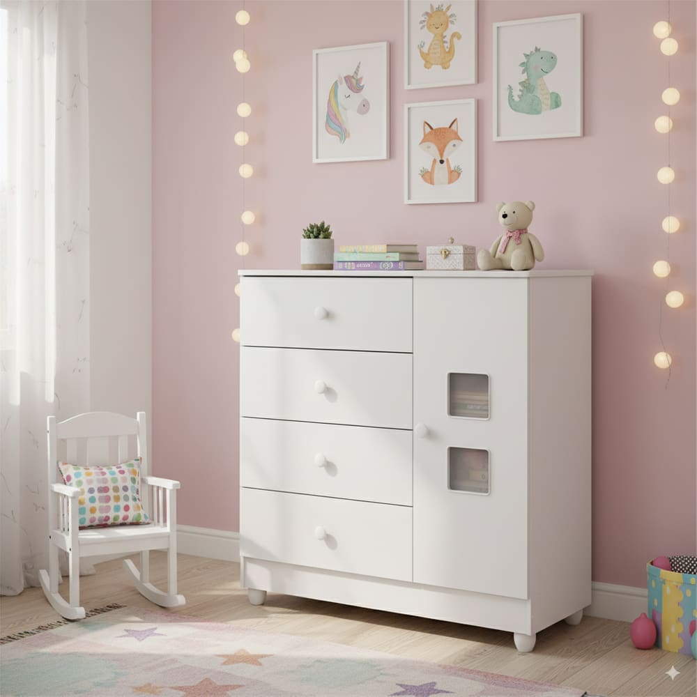 Cômoda Life De Bebê Quarto Infantil Com 1 Porta 4 Gavetas 100% MDF