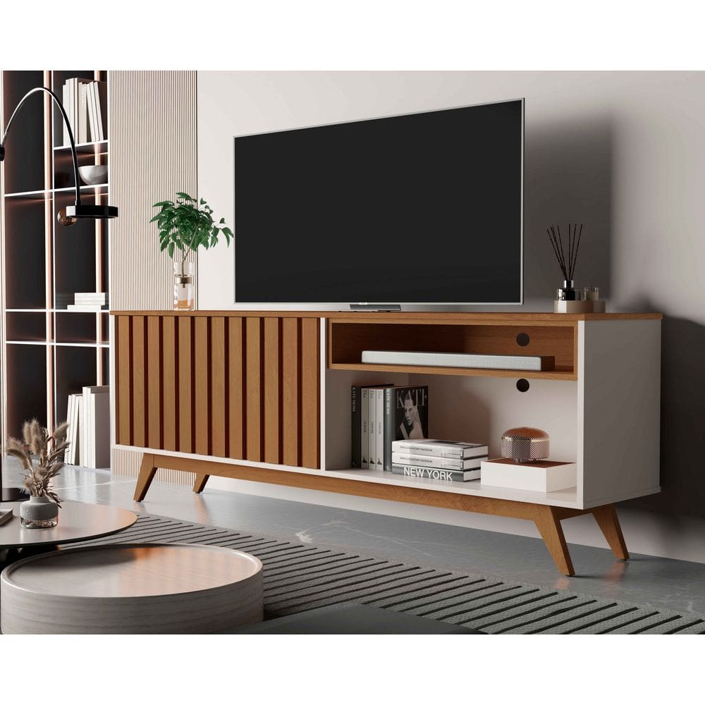 Rack Buriti Ripado 160cm 2 Portas para Tv até 65 Polegadas OffWhite com Freijó - Rede Móveis