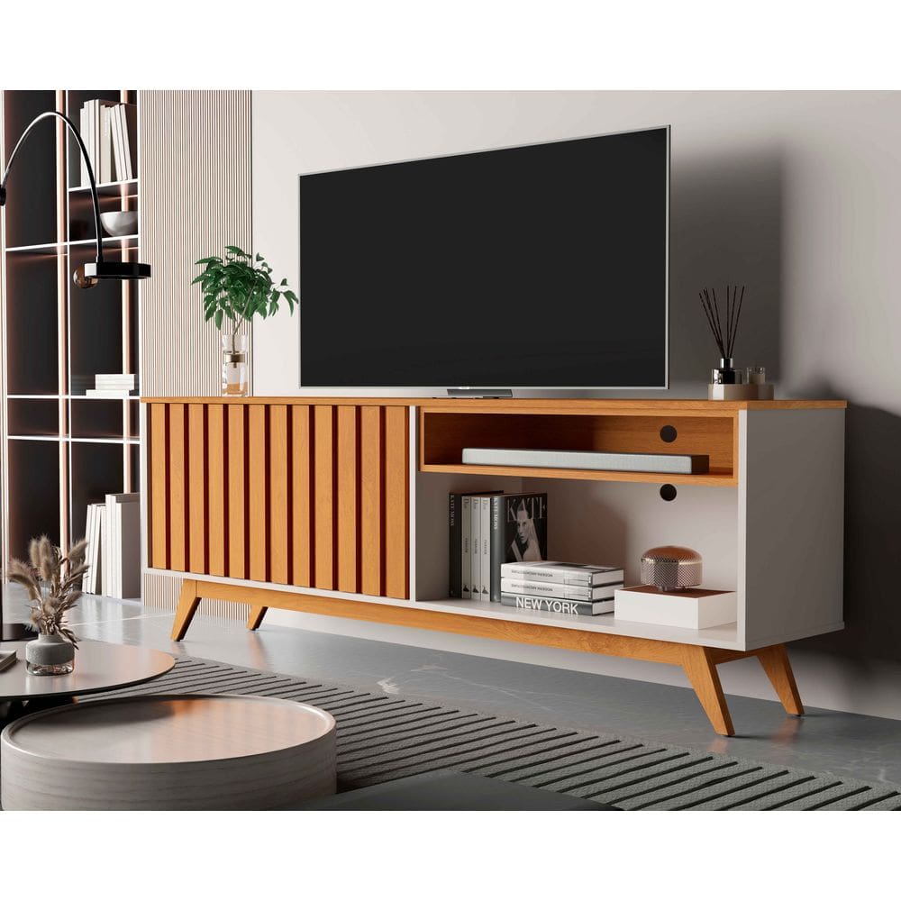 Rack Buriti Ripado 160cm 2 Portas para Tv até 65 Polegadas OffWhite com Nature - Rede Móveis