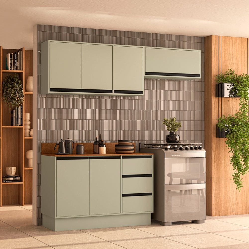 Cozinha Compacta 3 Peças 250045 Com Tampo Koya Verde Oliva Politorno Móveis