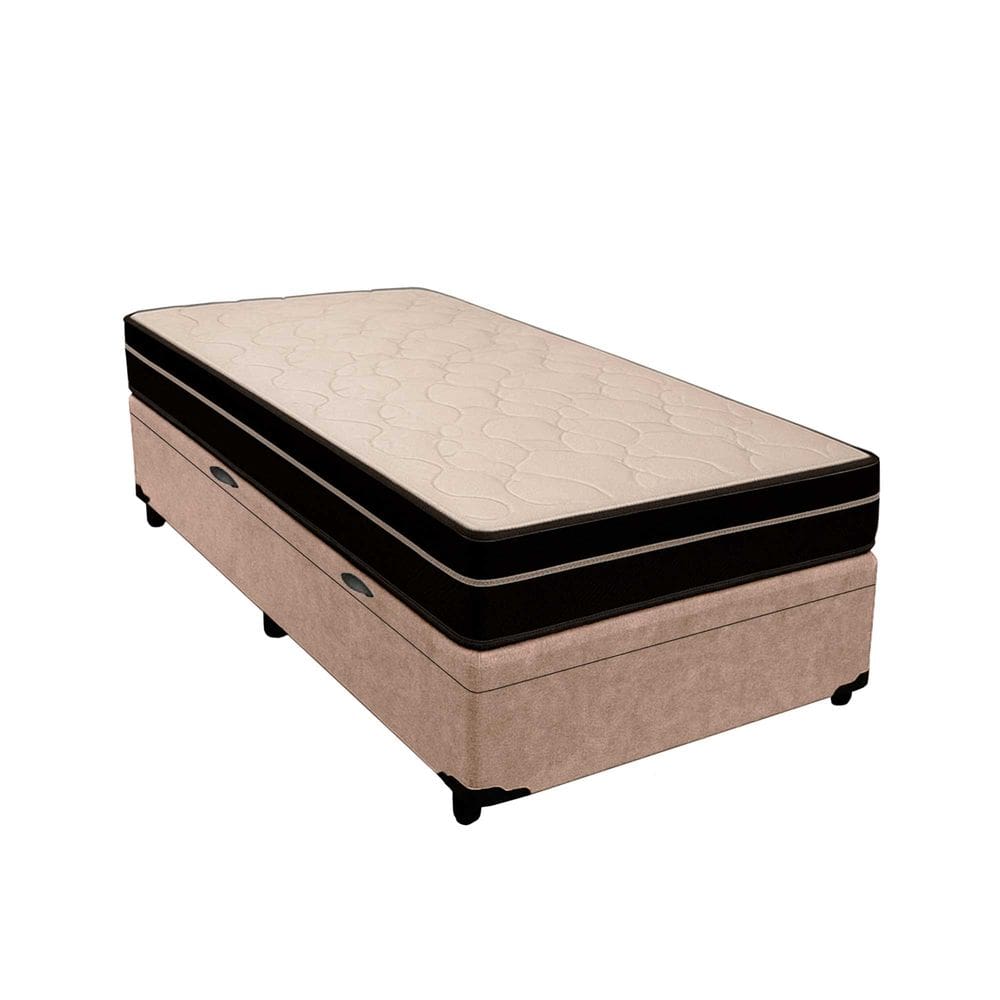 Cama Box Baú Solteiro 88 Suede Bege com Colchão Paris de Molas Ensacadas Preto 67x88x188