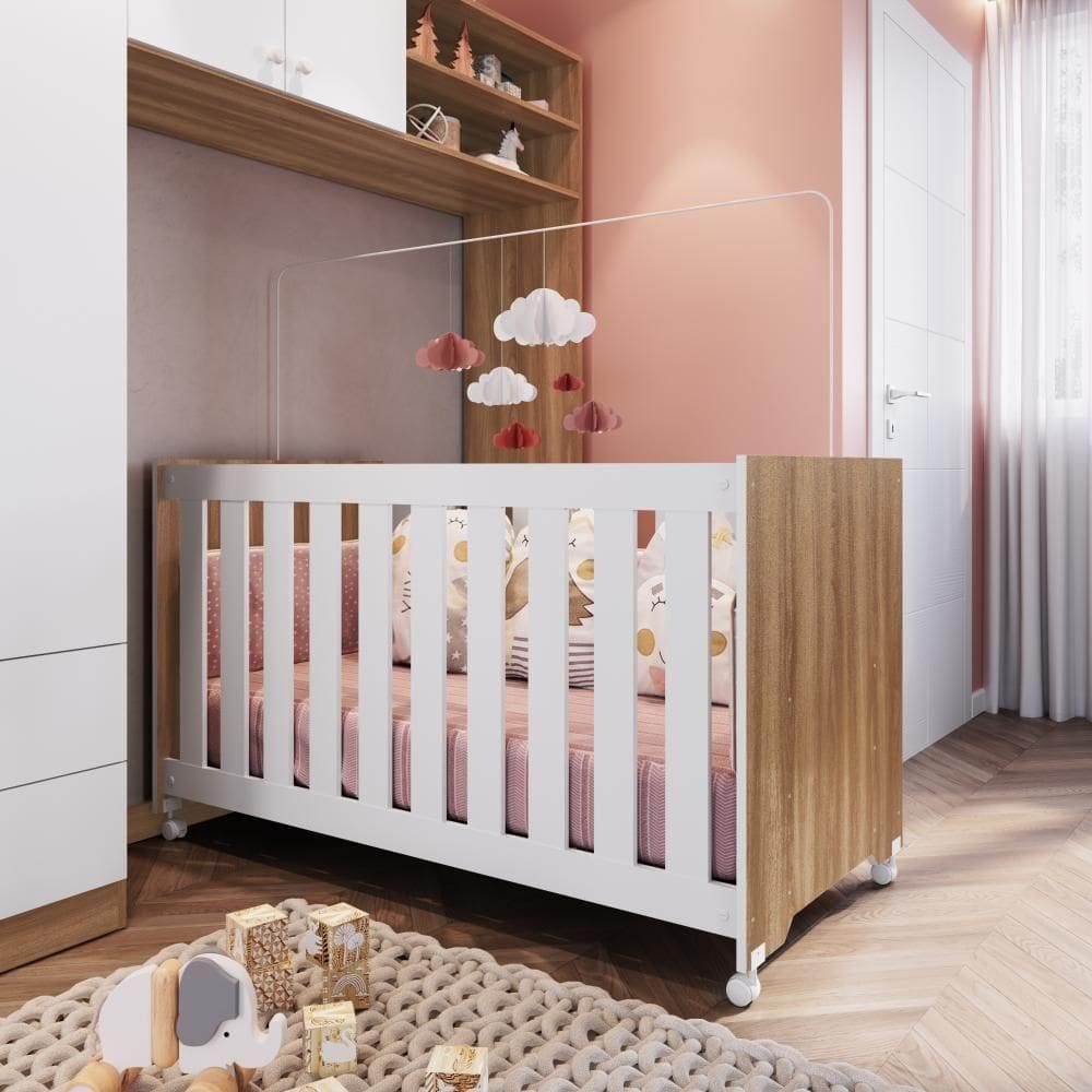 Berço Infantil Simples Com Rodas, Colchão, Regulagem De Altura E Grade Mdf 133cm Nogal Com Branco