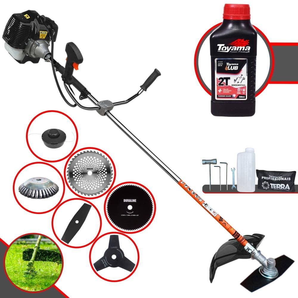 Roçadeira Completa Terra GRH520 À Gasolina 52cc Com Carretel e Faca 2 Pontas + Facas 3 Pontas, 40 Dentes, 80 Dentes + Escova de Aço + ÓLEO TOYAMA