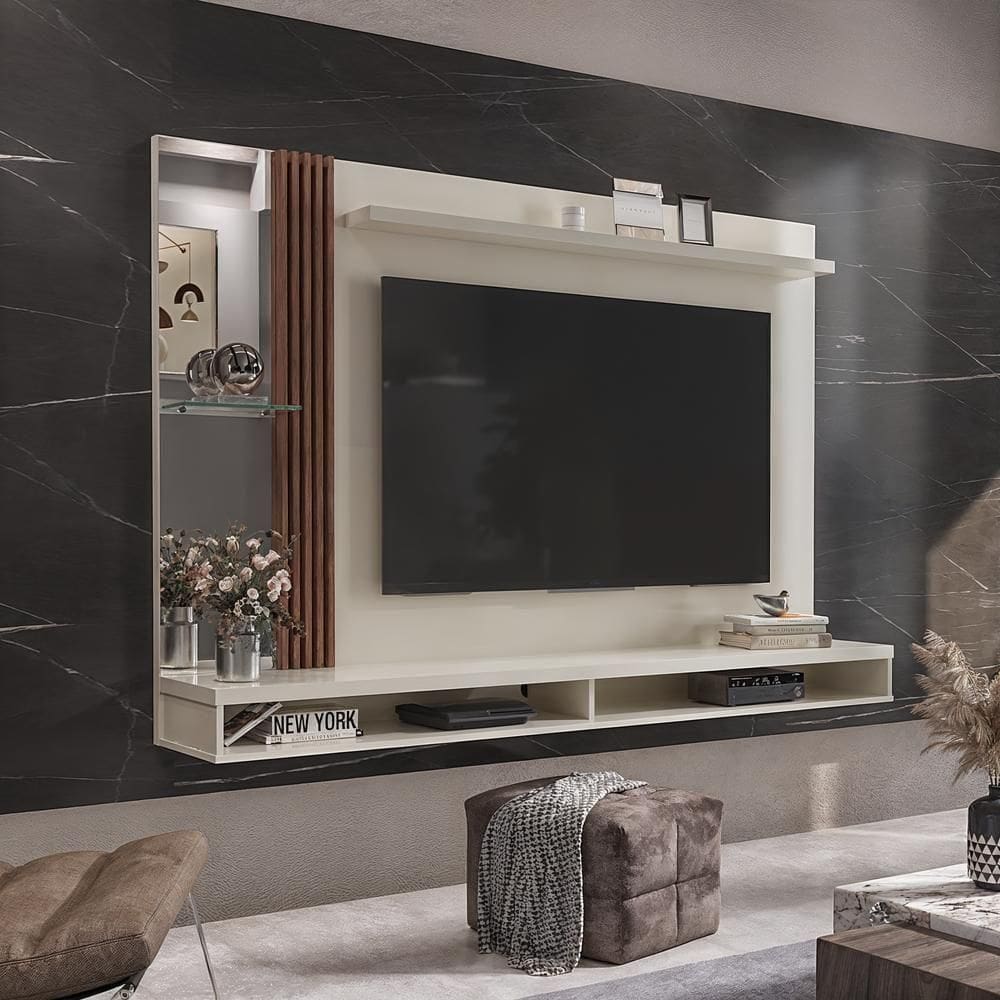 Painel Ripado Tv 55 Polegadas Suspenso Com Espelho Sarabi - Off White E Naturale