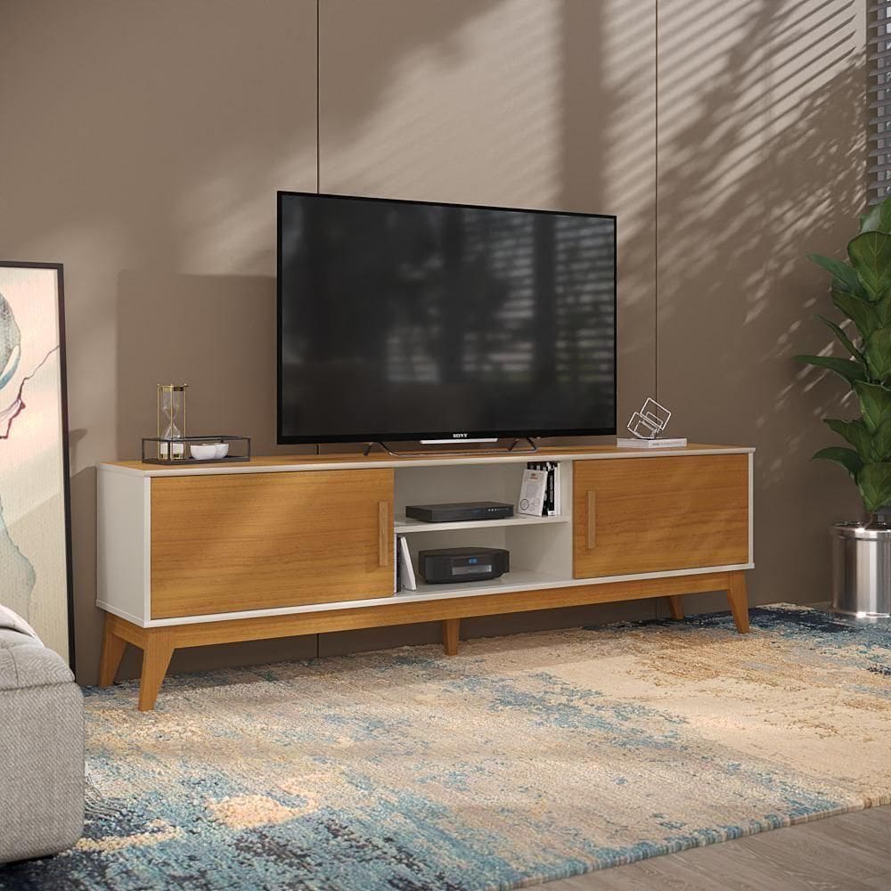 Rack Tv 65 Polegadas 2 Portas E Puxador De Madeira Colorado - Off White E Cedro