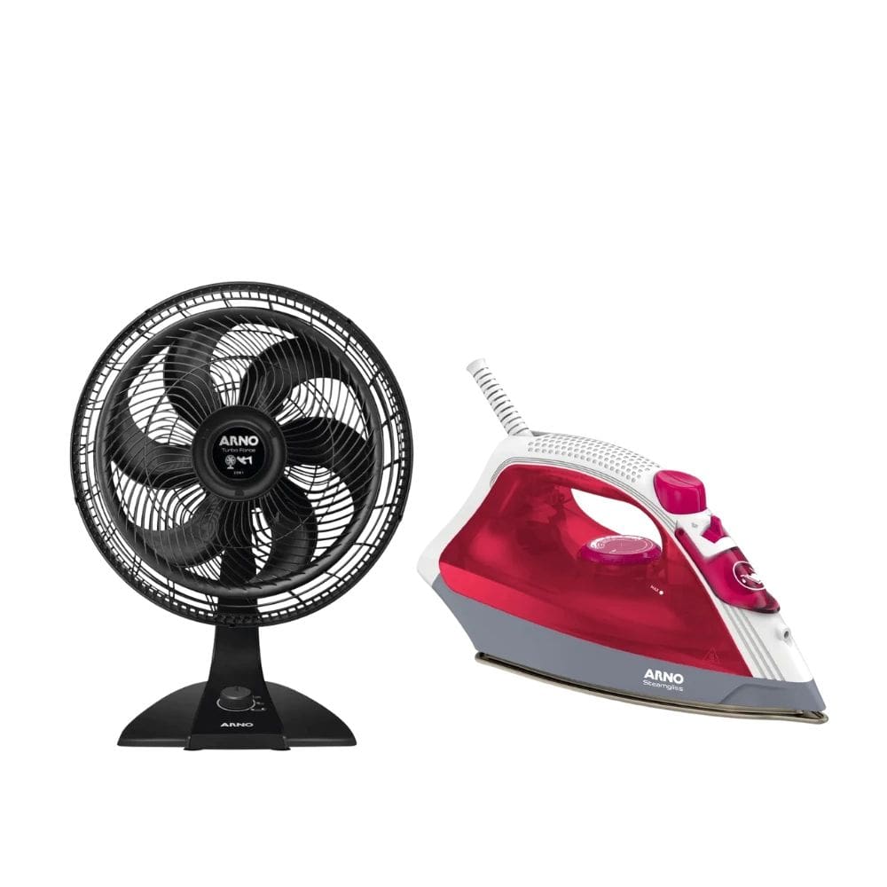 Kit Arno Ventilador Mesa e Parede Turbo Force 2 em 1 VF42 + Ferro a Vapor de Passar Roupas Steamgliss FSGC 1200W