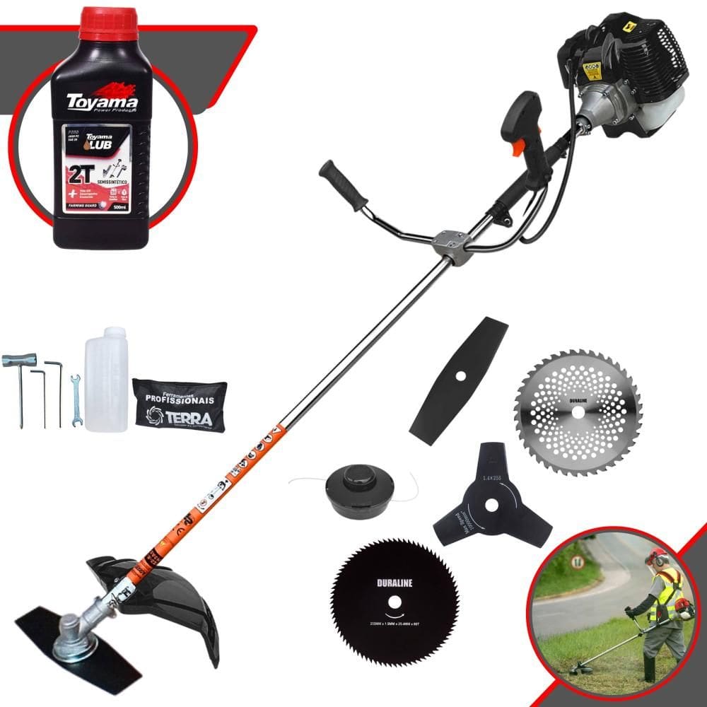 Roçadeira Terra GRH520 À Gasolina 52cc 2,5HP Com Faca 2 Pontas + Faca 3 Pontas + Faca 40 Dentes + Faca 80 Dentes + Carretel de Nylon + ÓLEO TOYAMA 2T